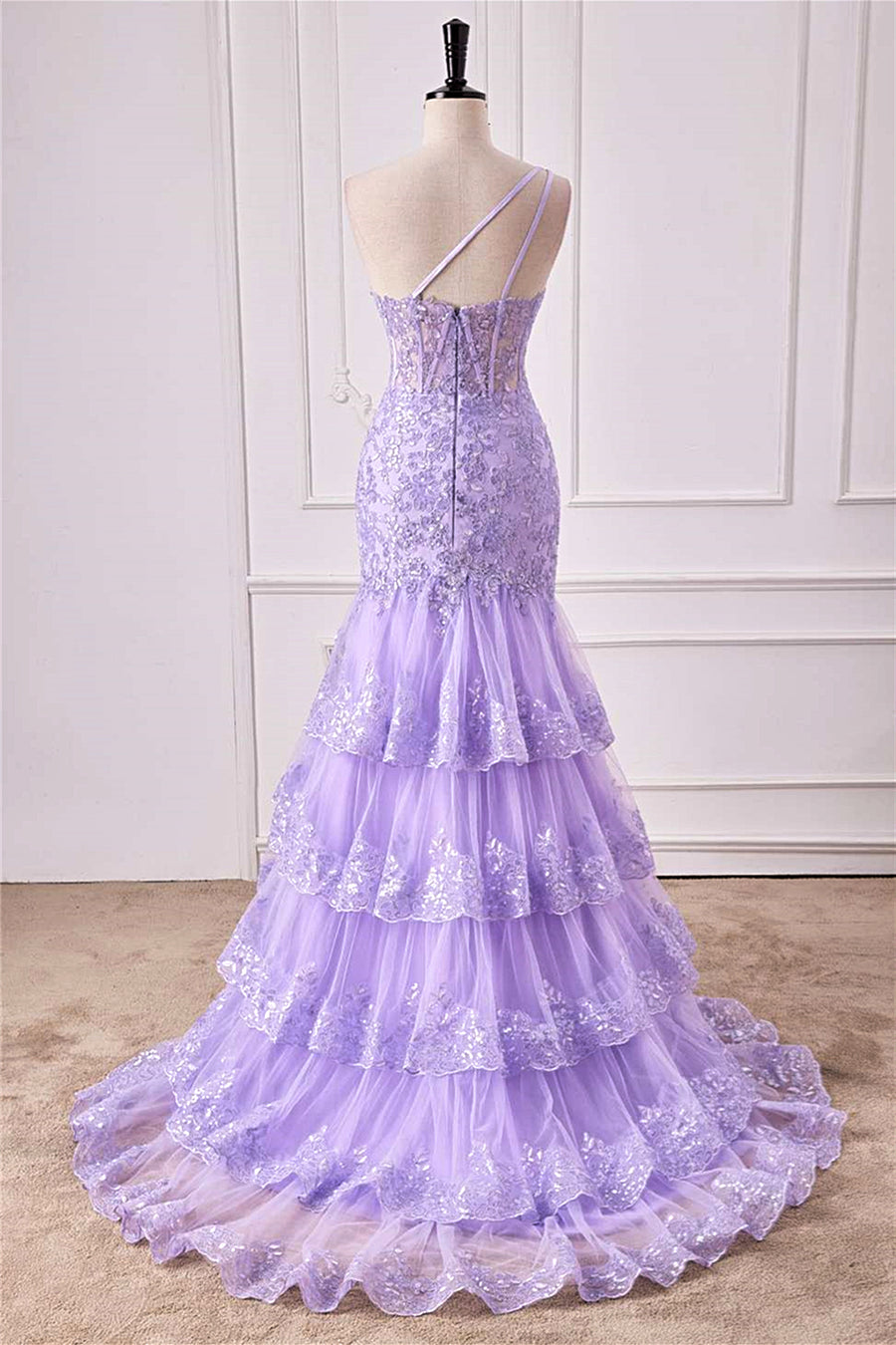 Lavender One Shoulder Sequined Mermaid Layers Long Prom Dress with Slit