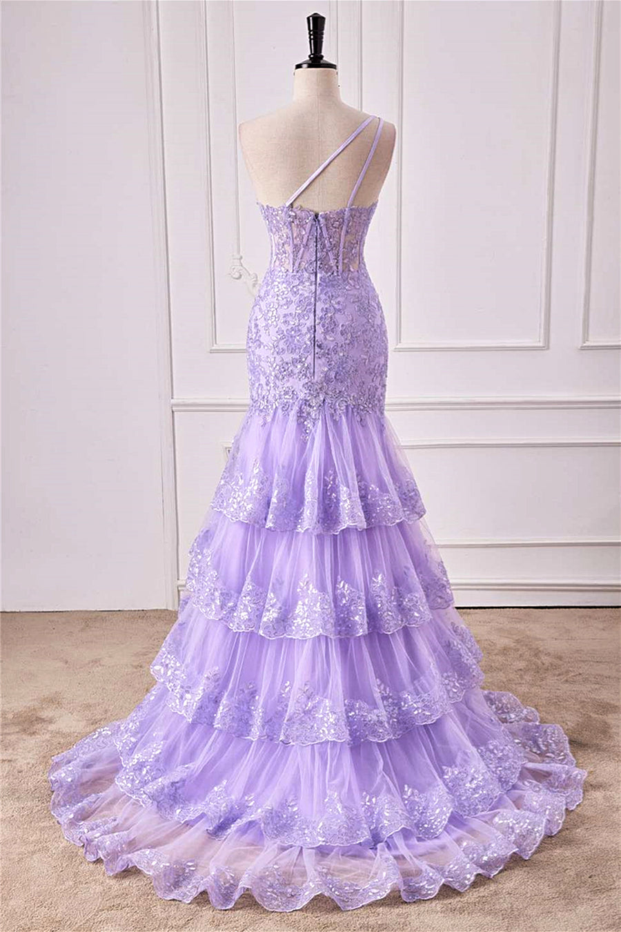 lavender lace mermaid prom dress Lavender One Shoulder Sequined Mermaid Layers Long Prom Dress with Slit Lavender / US 14