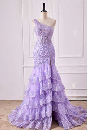 Lavender One Shoulder Sequined Mermaid Layers Long Prom Dress with Slit
