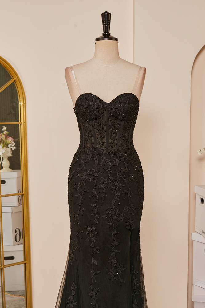 Black Mermaid Strapless Appliques Long Prom Dress with Slit