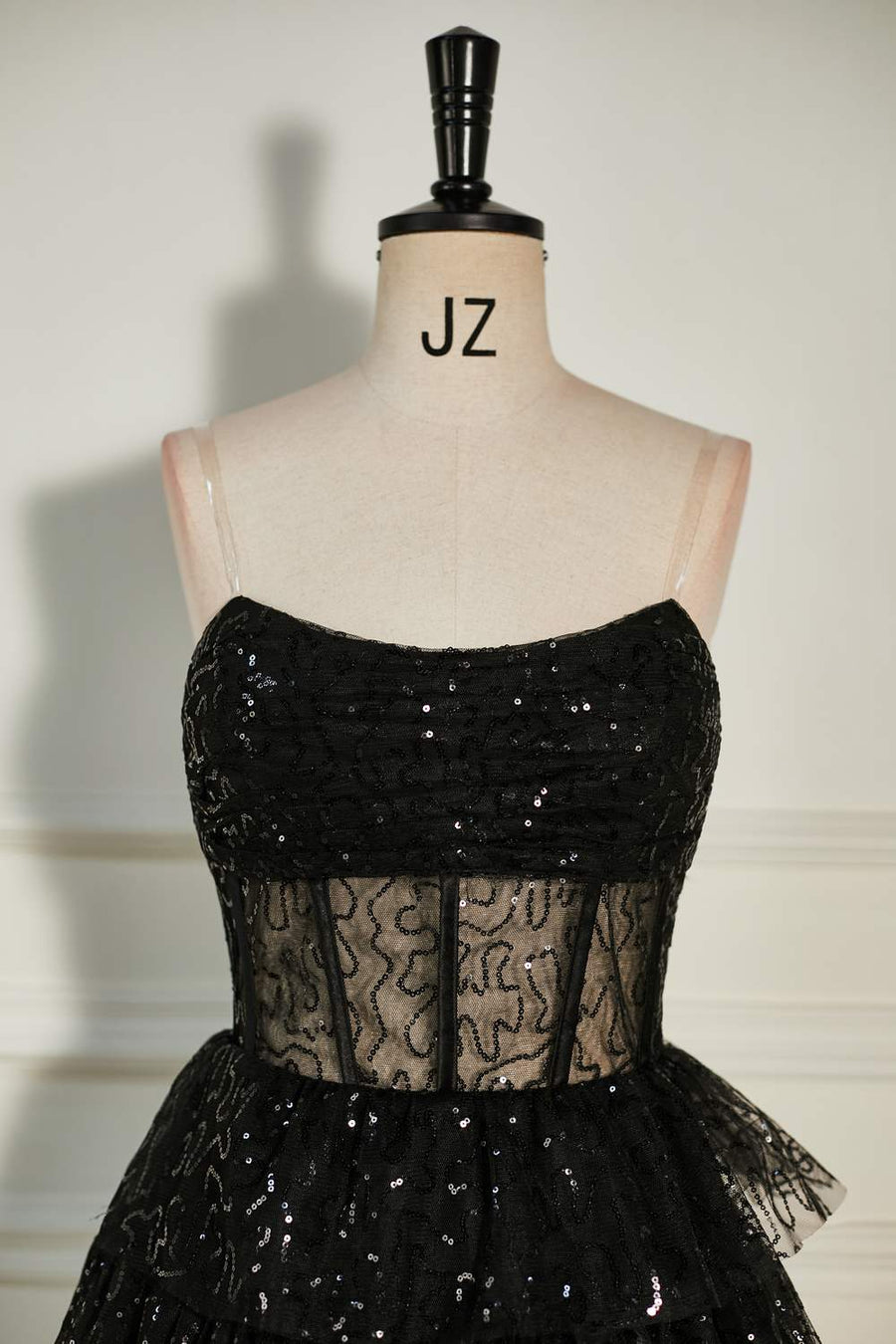 Black Sequined Strapless Multi-Layers Tulle Homecoming Dress