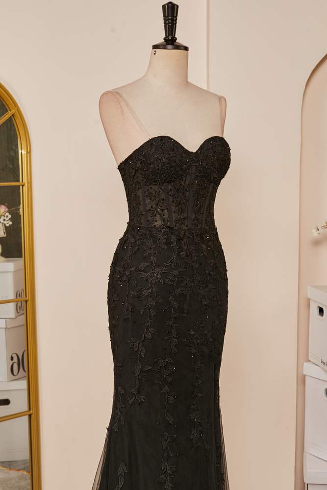 Black Mermaid Strapless Appliques Long Prom Dress with Slit