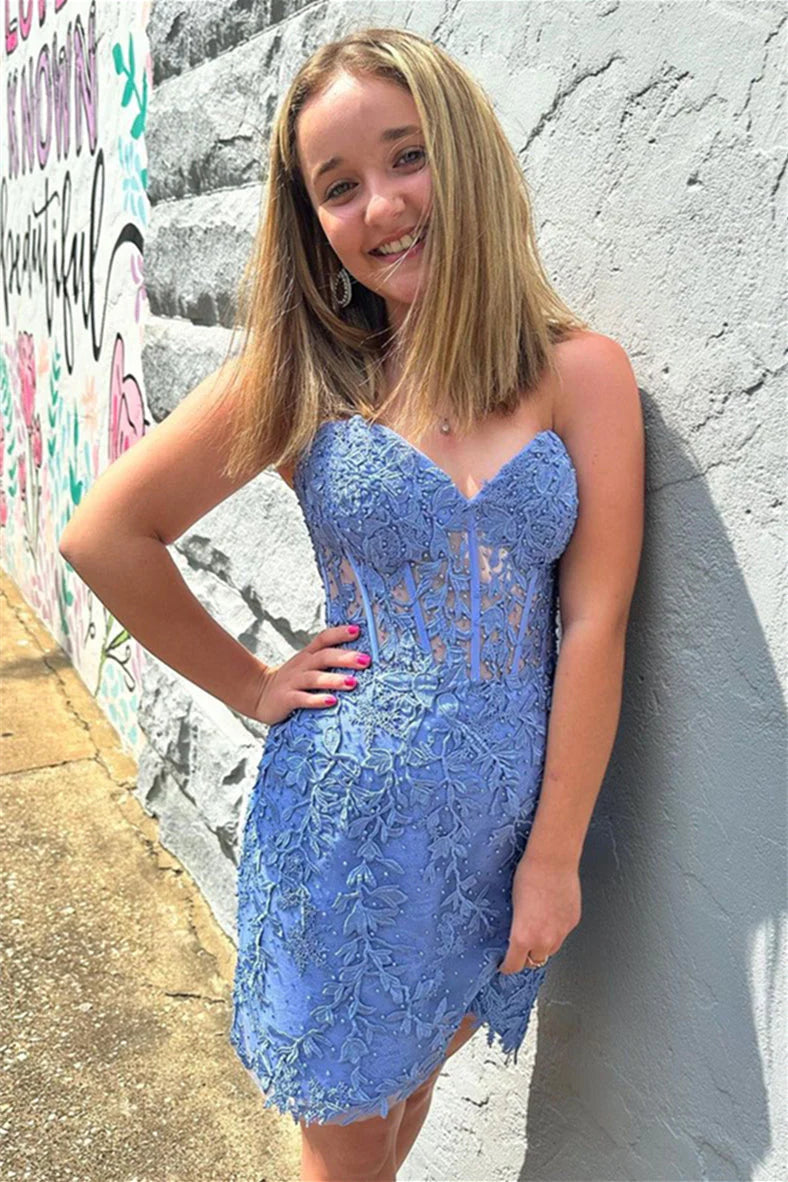 Blush Pink Strapless Sheath Appliques Tulle Homecoming Dress