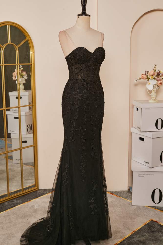 Black Mermaid Strapless Appliques Long Prom Dress with Slit
