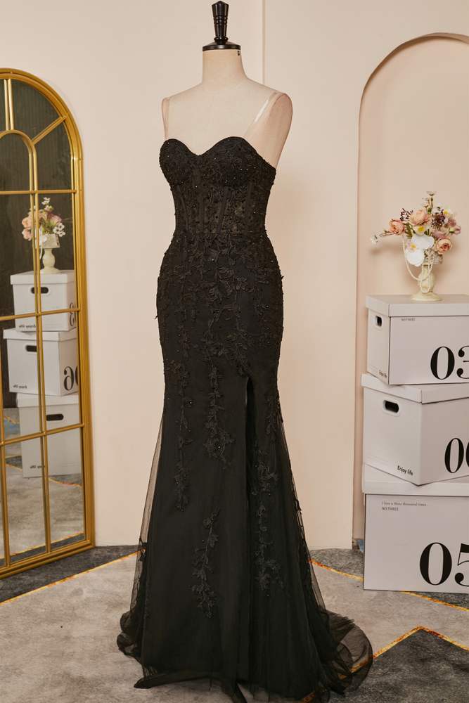 Black Mermaid Strapless Appliques Long Prom Dress with Slit