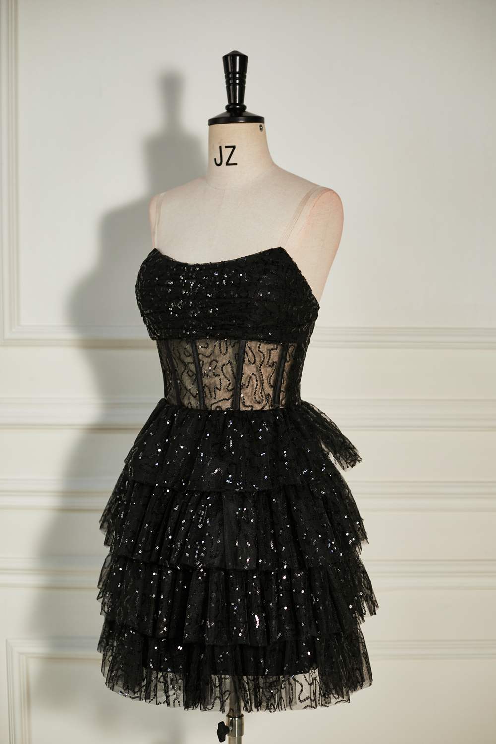 Black Sequined Strapless Multi-Layers Tulle Homecoming Dress