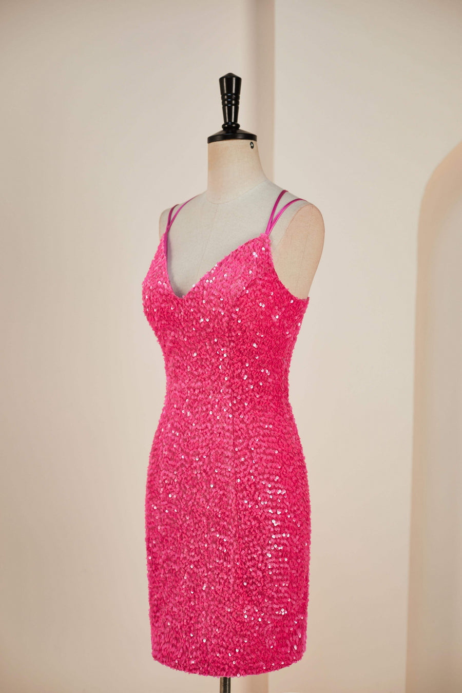 Hot Pink Sequins Sheath Deep V Neck Lace-Up Homecoming Dress