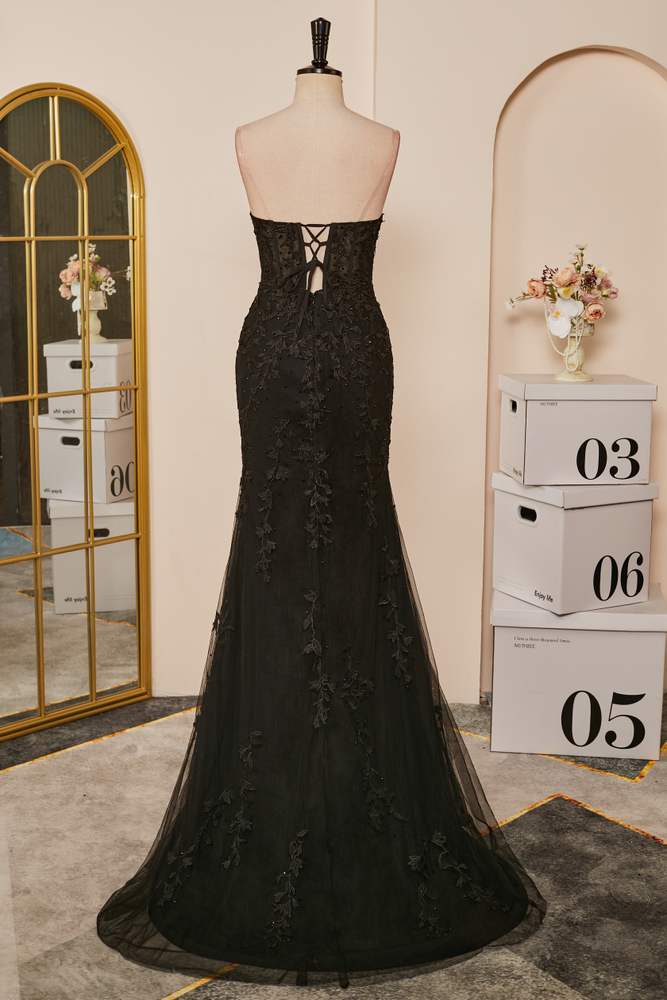 Black Mermaid Strapless Appliques Long Prom Dress with Slit