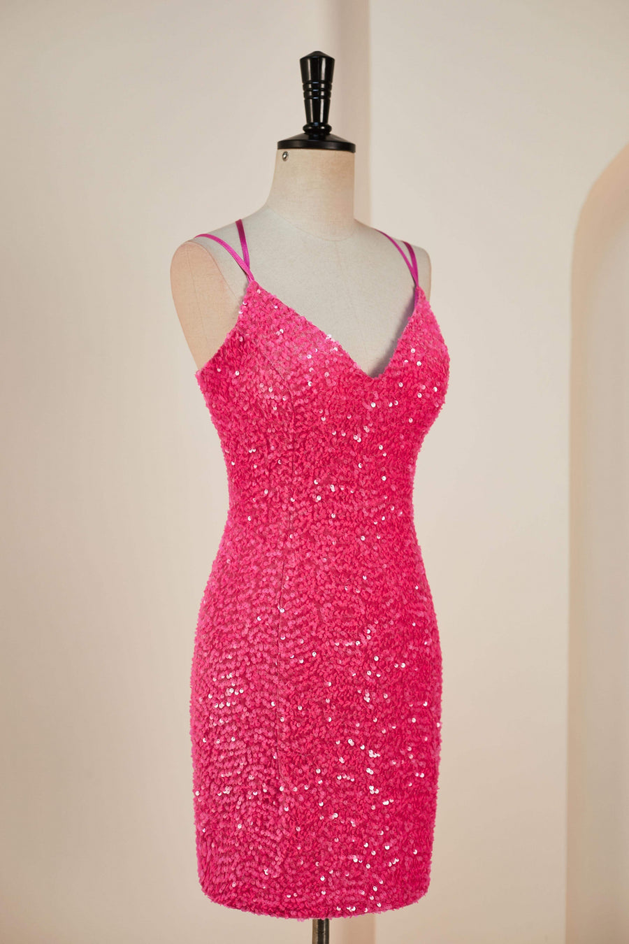 Hot Pink Sequins Sheath Deep V Neck Lace-Up Homecoming Dress Hot Pink / US 14 Hot Pink Sequins Sheath Deep V Neck Lace-Up Homecoming Dress Hot Pink / US 14