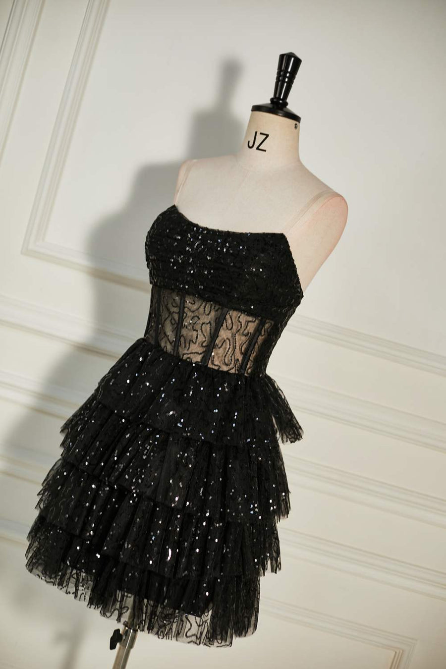 Black Sequined Strapless Multi-Layers Tulle Homecoming Dress