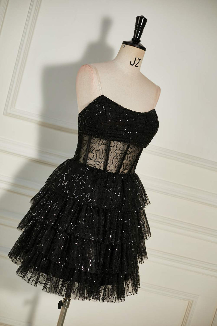 Black Sequined Strapless Multi-Layers Tulle Homecoming Dress