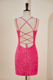Hot Pink Sequins Sheath Deep V Neck Lace-Up Homecoming Dress