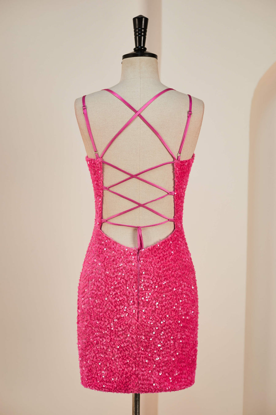Hot Pink Sequins Sheath Deep V Neck Lace-Up Homecoming Dress Hot Pink / US 10 Hot Pink Sequins Sheath Deep V Neck Lace-Up Homecoming Dress Hot Pink / US 10