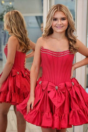 Strapless Black Ruffle Short Dress with Bow Homecoming Dress