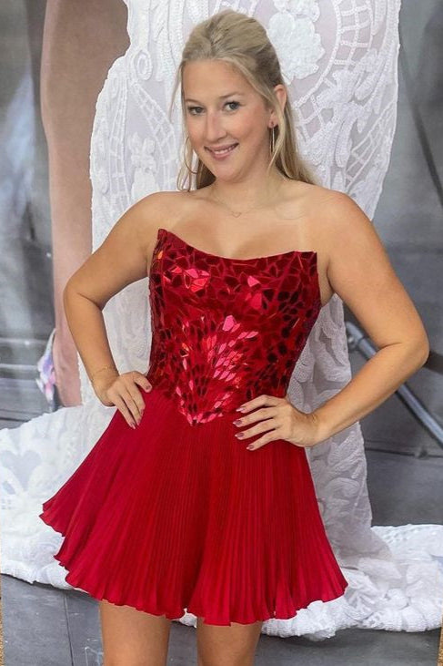 Red Cut Glass Mirror Strapless A-Line Gathered Homecoming Dress Red / US 6 Red Cut Glass Mirror Strapless A-Line Gathered Homecoming Dress Red / US 6