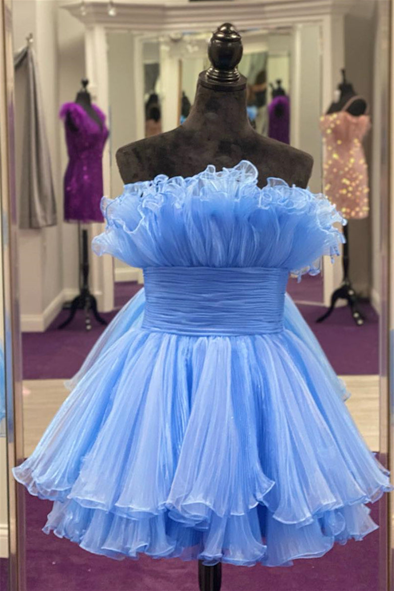 Sky Blue Ruffled A-line Multi-Layers Strapless Tulle Homecoming Dress