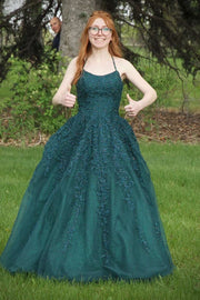 Bateau Sleeveless Tulle Lace Long Prom Party Dress With Pockets