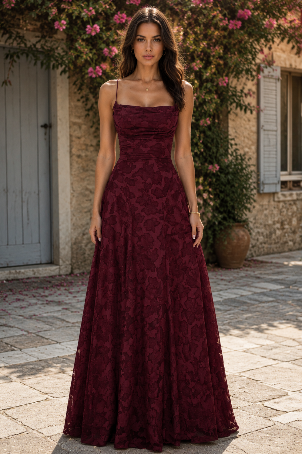Square Spaghetti Straps Lace Up A-Line Lace Party Prom Dress