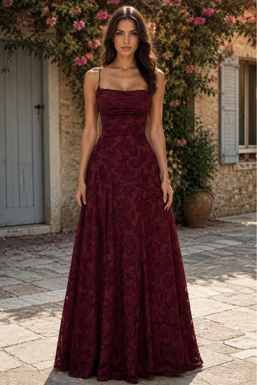 Square Spaghetti Straps Lace Up A-Line Lace Party Prom Dress