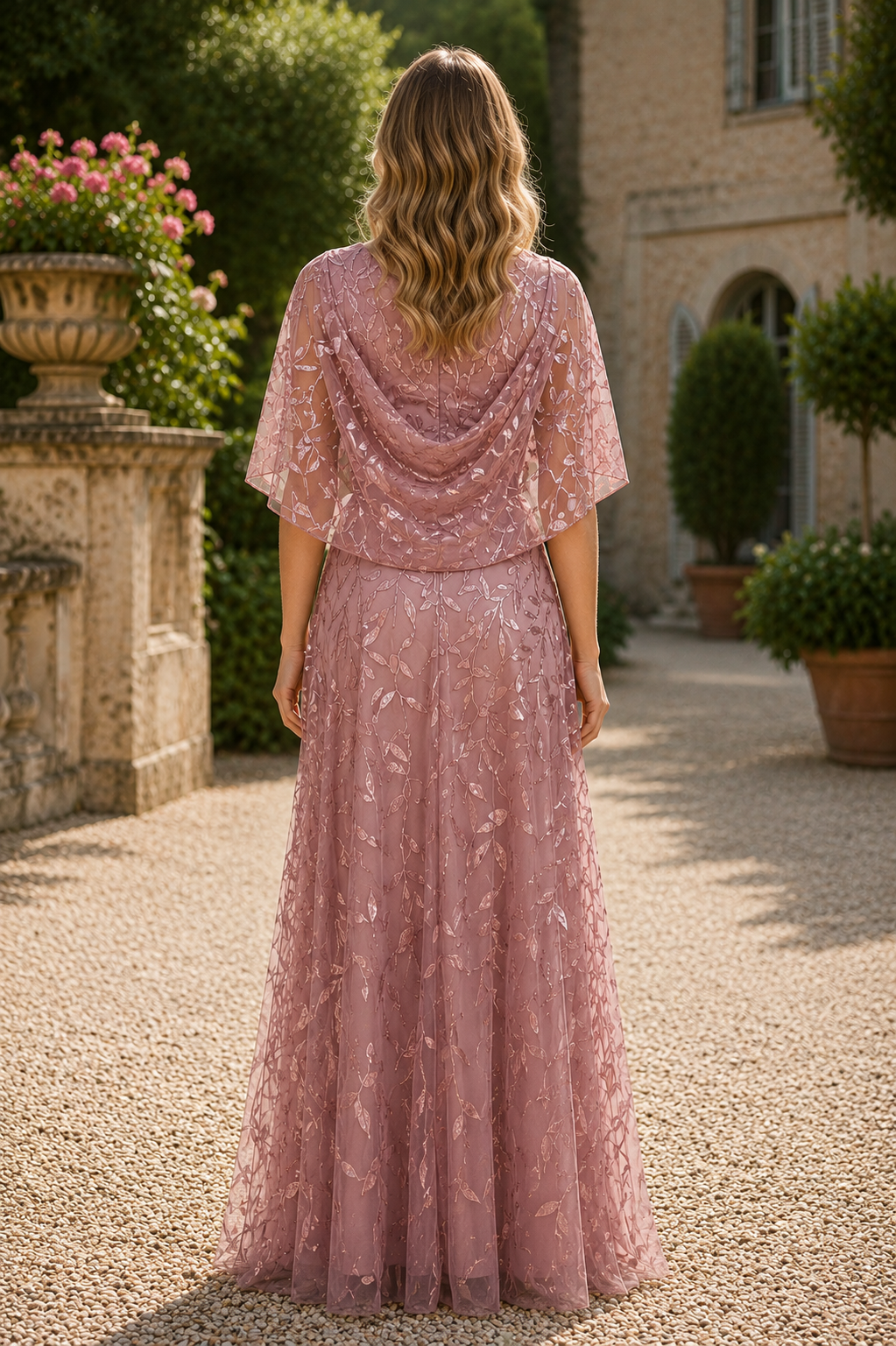 Pink Lace A-Line Round Shawl Floor-Length Mother Of The Bride Dress