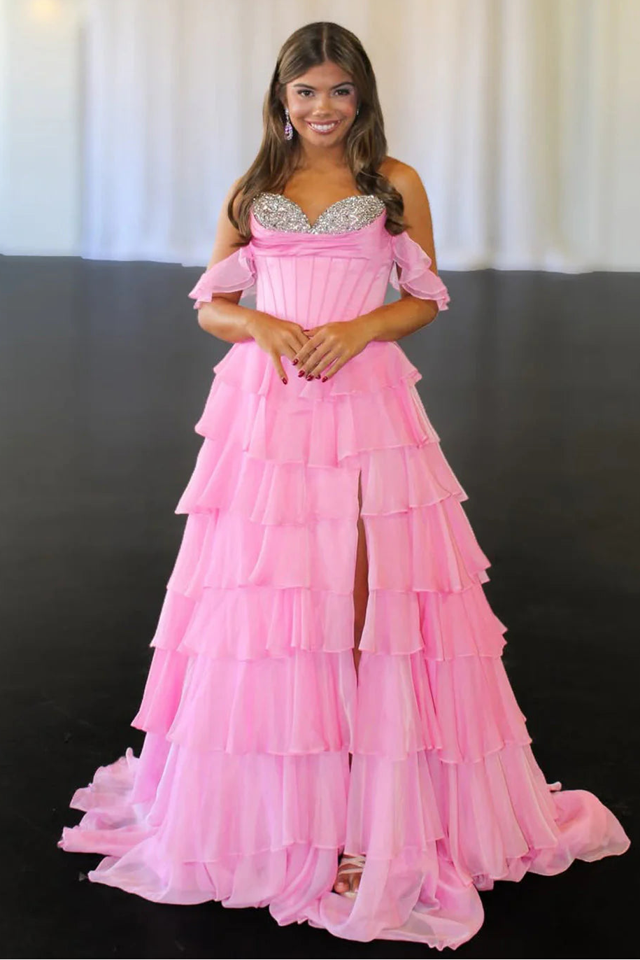 Beaded Sweetheart Off-Shoulder Chiffon A-Line Tiered Prom Dress