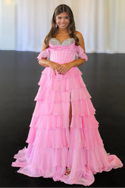 Beaded Sweetheart Off-Shoulder Chiffon A-Line Tiered Prom Dress