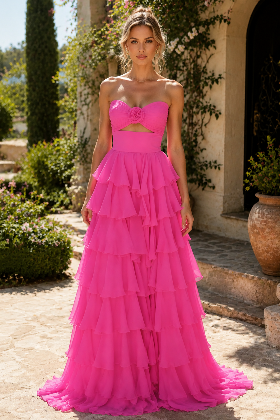 Strapless Chiffon Tiered A-Line Long Prom Dress With Side Slit