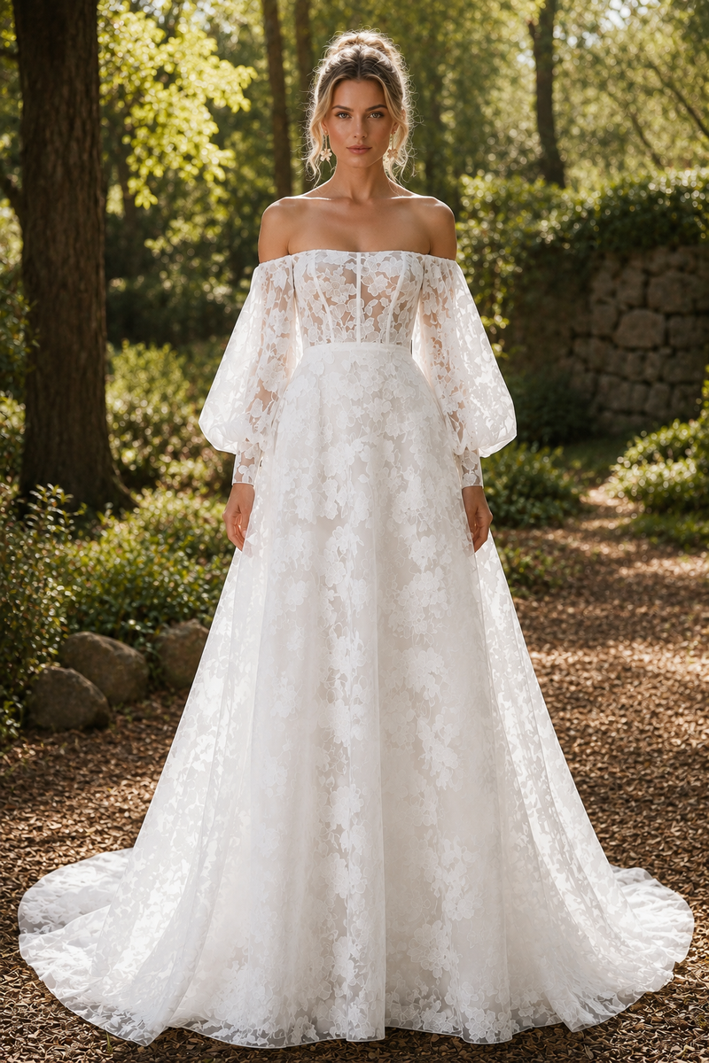 Off-Shoulder Detachable Long Sleeves Lace A-Line Wedding Dress Custom Color / US 4