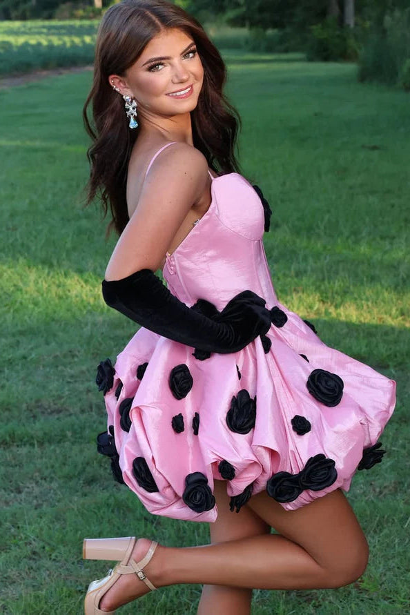 Spaghetti Straps Satin A-Line 3D Florals Homecoming Dress