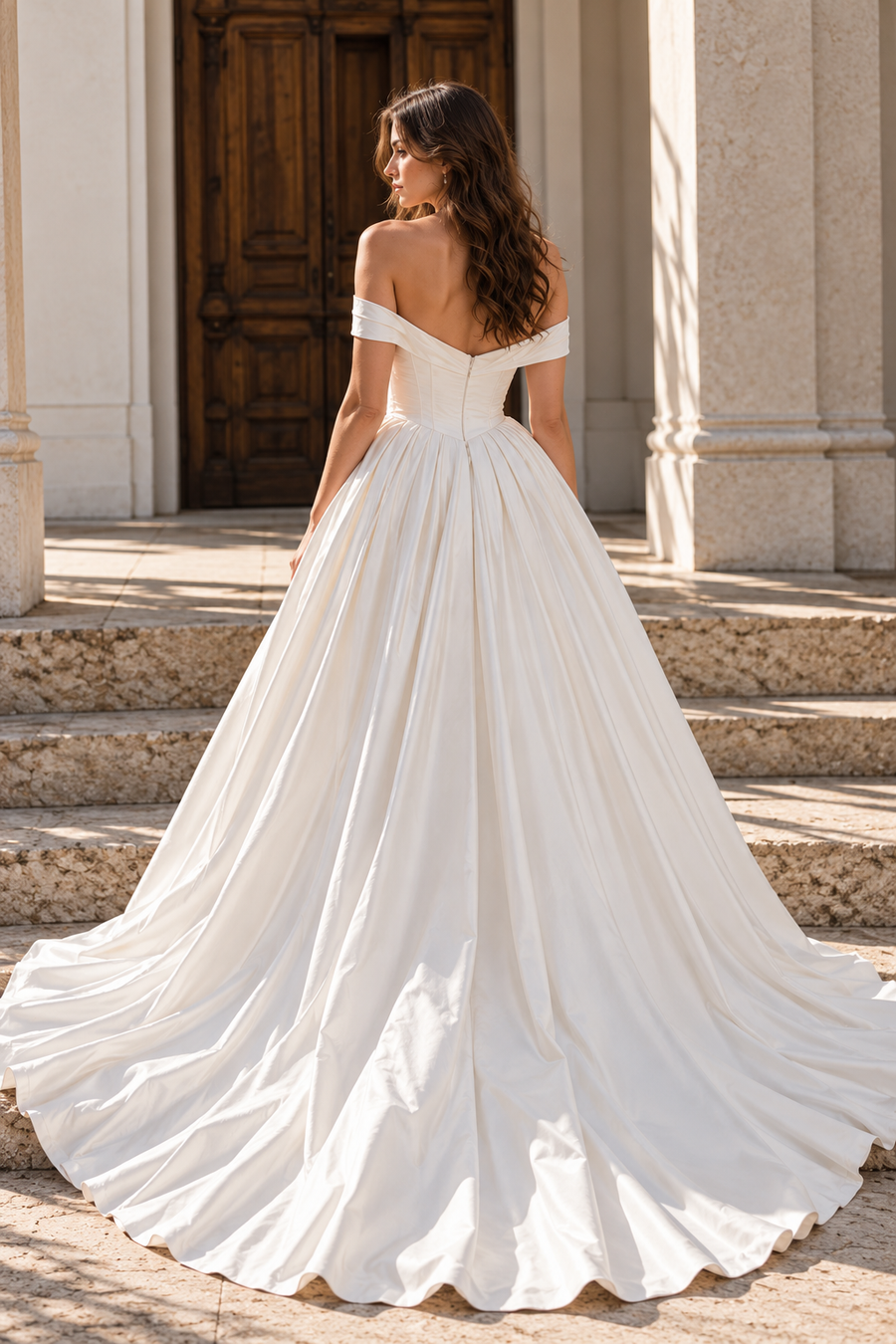 Sweetheart Off-Shoulder Modest Satin A-Line Wedding Dress With Train