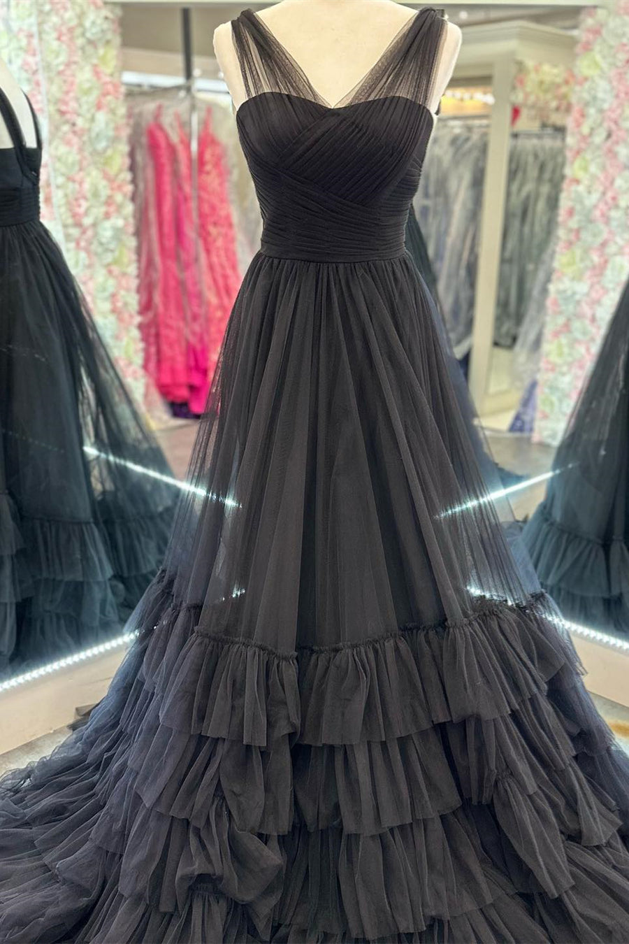 Hot Pink Illusion Neck A-line Layers Tulle Long Prom Dress | Joyofdress Hot Pink Illusion Neck A-line Layers Tulle Long Prom Dress | Joyofdress