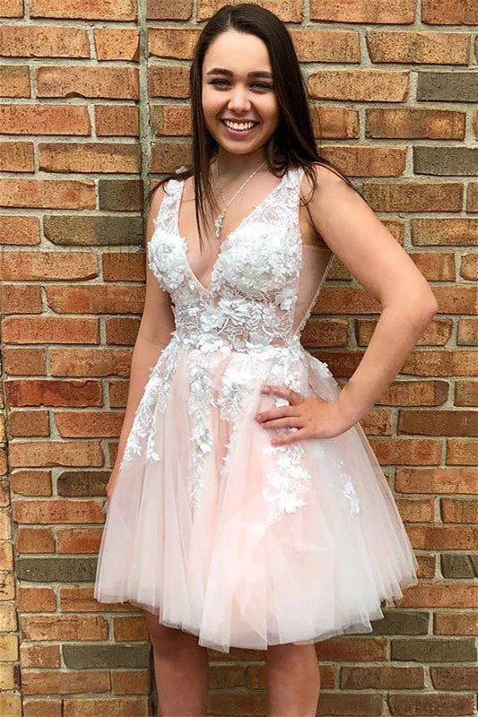 Tabitha Short A-line Pink V Neck Tulle Homecoming Dress with Appliques Candy Pink / 6 Tabitha Short A-line Pink V Neck Tulle Homecoming Dress with Appliques Candy Pink / 6