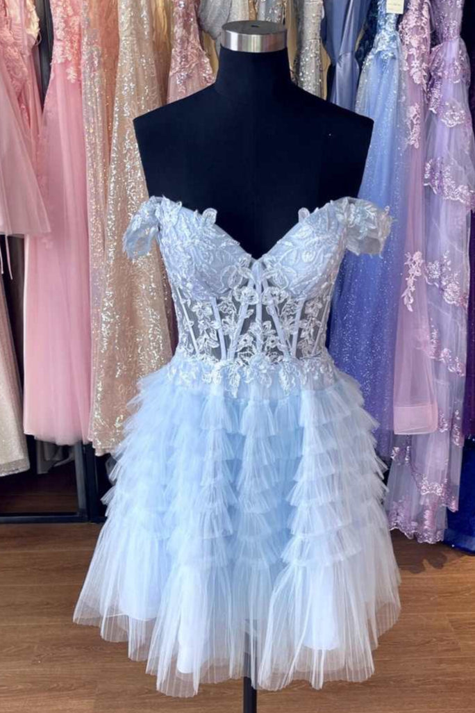Light Blue A-line Flower Straps Appliques Tulle Homecoming Dress | Joyofdress Light Blue A-line Flower Straps Appliques Tulle Homecoming Dress | Joyofdress