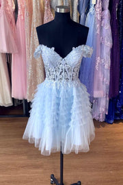 Light Blue A-line Flower Straps Appliques Tulle Homecoming Dress