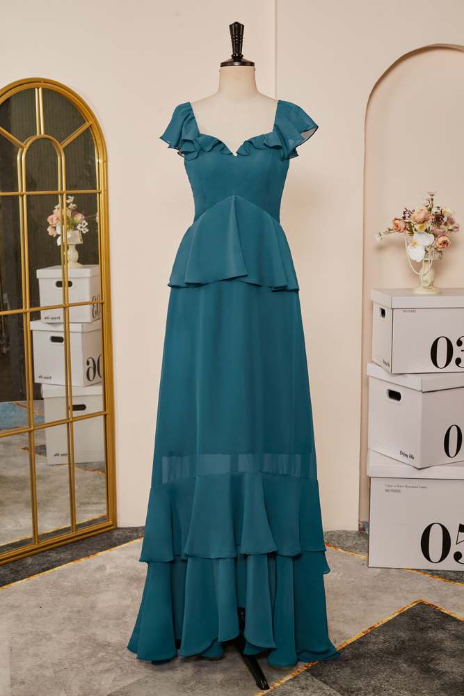 Teal Flaunt Sleeves Ruffled Layers A-line Long Bridesmaid Dress Teal / US 14