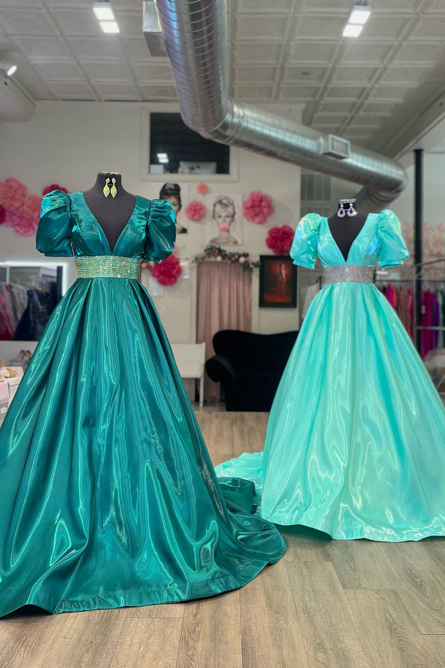 Hunter Green & Mint Green Puff Sleeves Beaded A-line Satin Plunging V Long Prom Dress