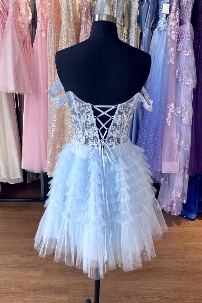 Light Blue A-line Flower Straps Appliques Tulle Homecoming Dress