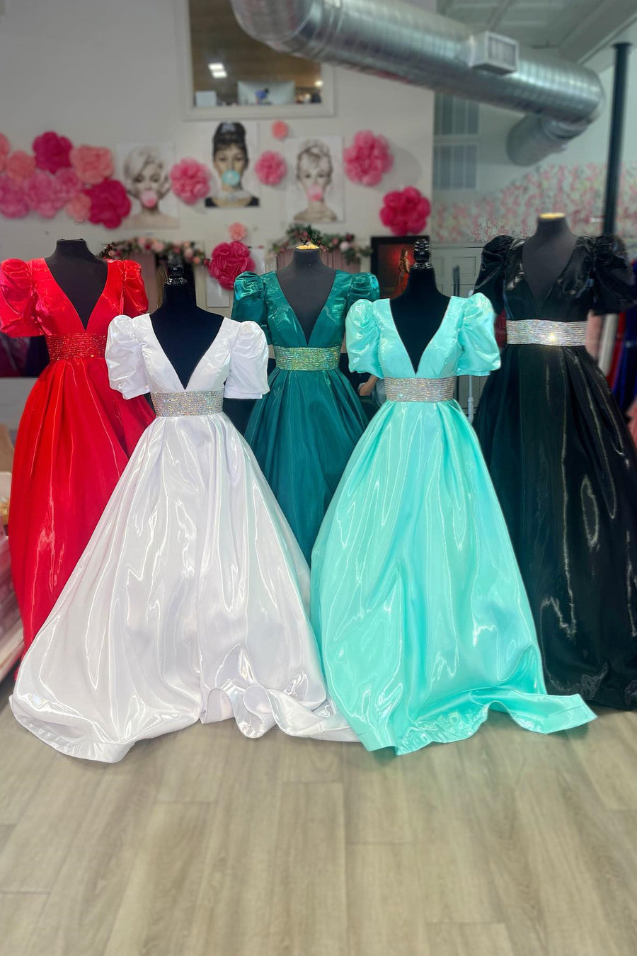 Red & White & Hunter Green & Mint Green & Black Puff Sleeves Beaded A-line Satin Plunging V Long Prom Dress
