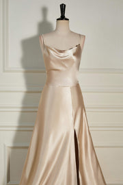 Champagne Cowl Neck Straps A-line Satin Long Bridesmaid Dress with Slit