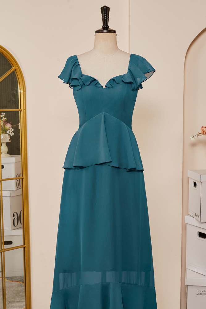 Teal Flaunt Sleeves Ruffled Layers A-line Long Bridesmaid Dress