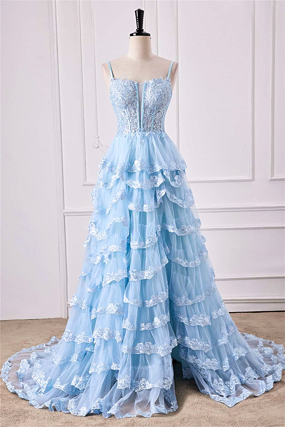 Light Blue Floral Layers Spaghetti Straps Long Prom Dress with Slit Light Blue / US 4