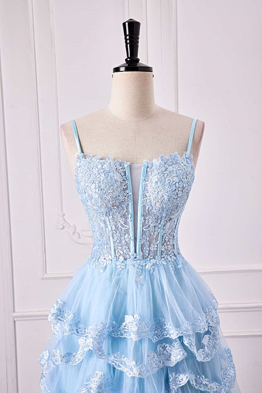Light Blue Floral Layers Spaghetti Straps Long Prom Dress with Slit