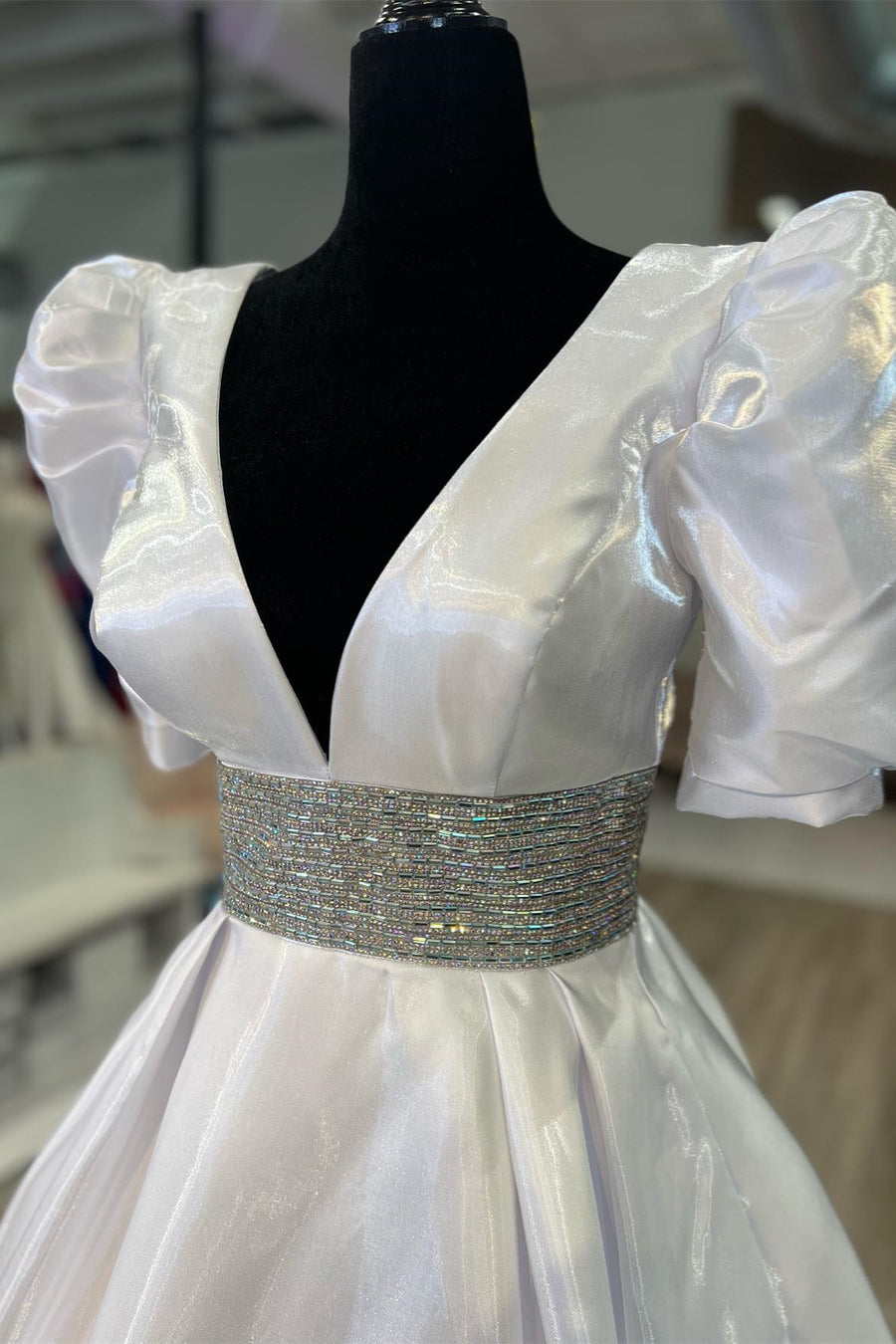 White Puff Sleeves Beaded A-line Satin Plunging V Long Prom Dress