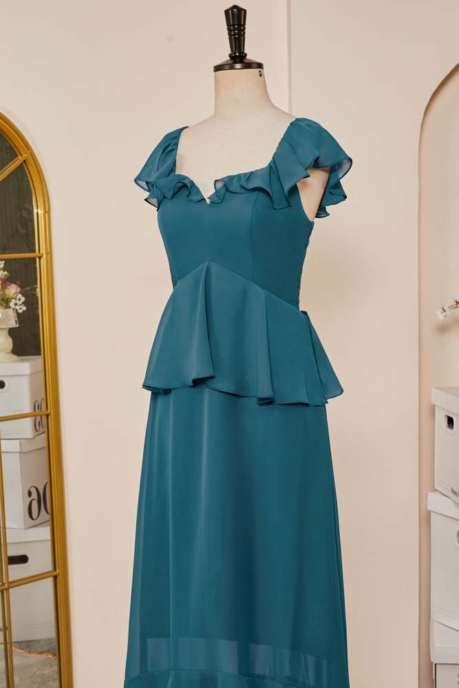 Teal Flaunt Sleeves Ruffled Layers A-line Long Bridesmaid Dress