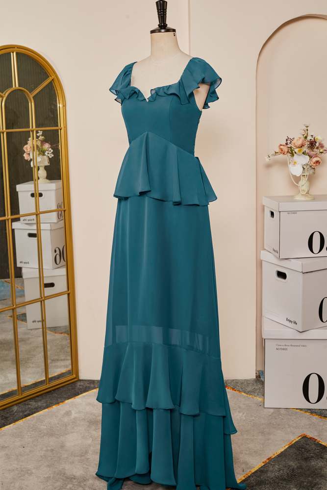 Teal Flaunt Sleeves Ruffled Layers A-line Long Bridesmaid Dress