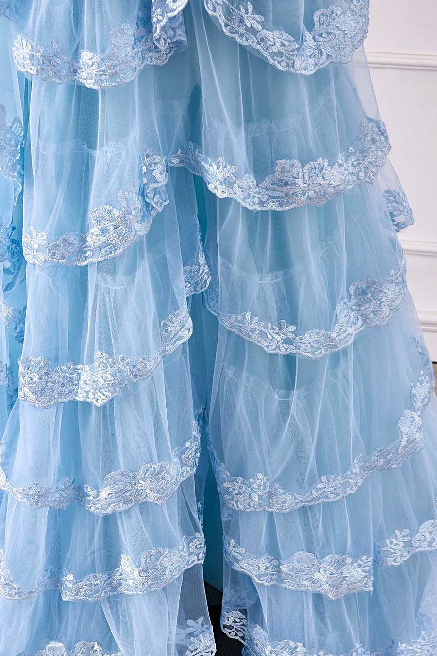 Light Blue Floral Layers Spaghetti Straps Long Prom Dress with Slit