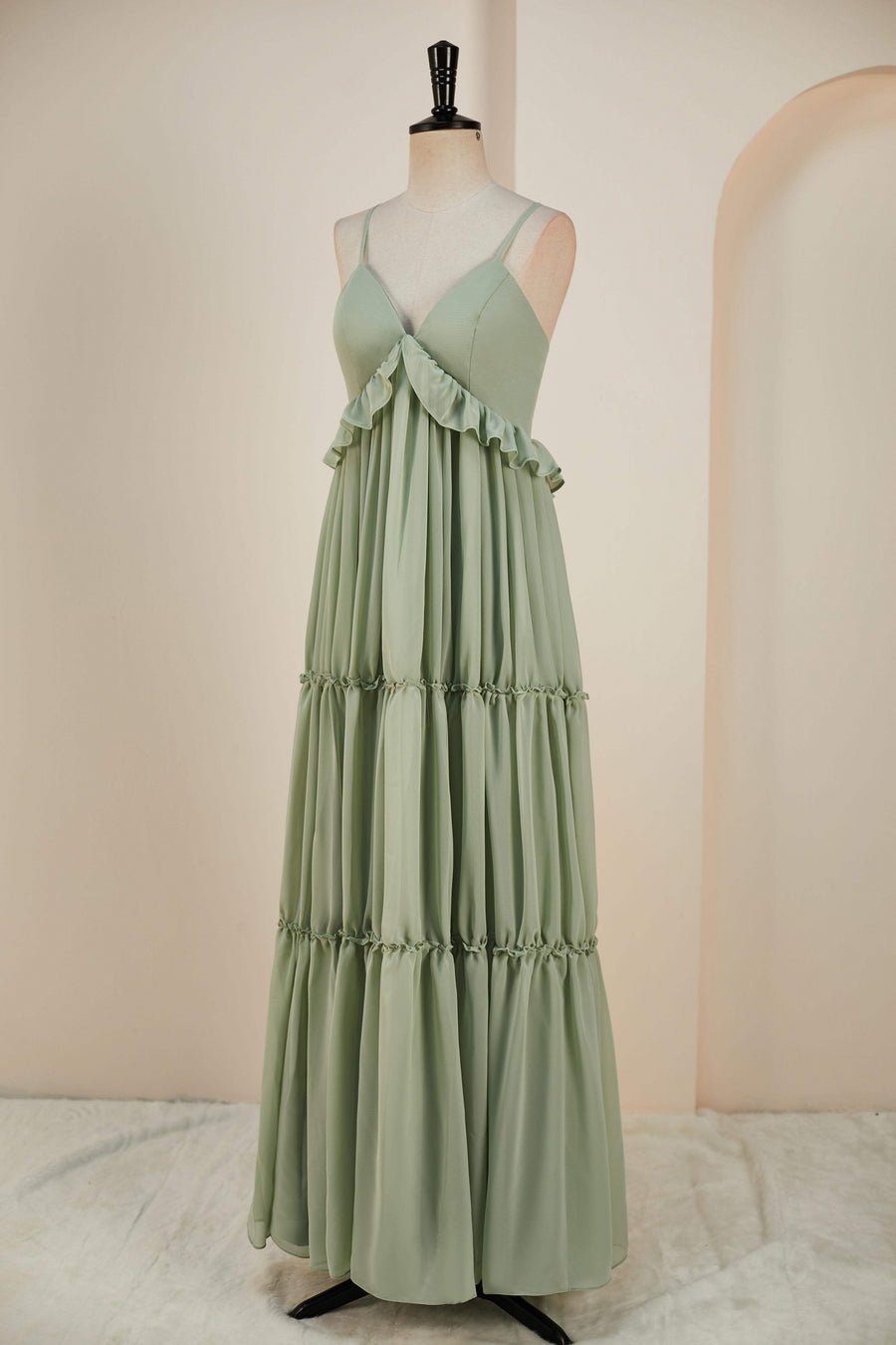 Dusty Sage Lace-Up Deep V Neck Ruffled Empire Long Bridesmaid Dress
