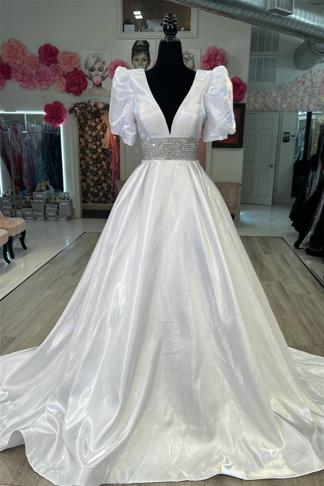 White Puff Sleeves Beaded A-line Satin Plunging V Long Prom Dress