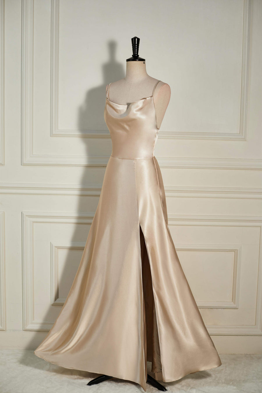 Champagne Cowl Neck Straps A-line Satin Long Bridesmaid Dress with Slit