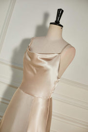 Champagne Cowl Neck Straps A-line Satin Long Bridesmaid Dress with Slit